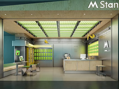Modern Milk Tea Shop Interior With Green Ceiling Wooden Counter And Cozy Seating Area 3d model