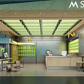 Modern Milk Tea Shop Interior With Green Ceiling Wooden Counter And Cozy Seating Area