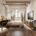 Hotel Guest Room Featuring Wooden Structure White Canopy Bed Window Curtains And Wooden Floor Rug