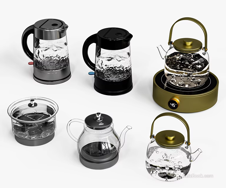 Modern Glass Kitchen Appliances Including Kettles And Electric Pots With Black And Gold Bases 3d model 