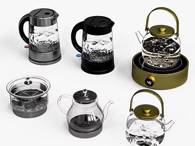Modern Glass Kitchen Appliances Including Kettles And Electric Pots With Black And Gold Bases 3d model