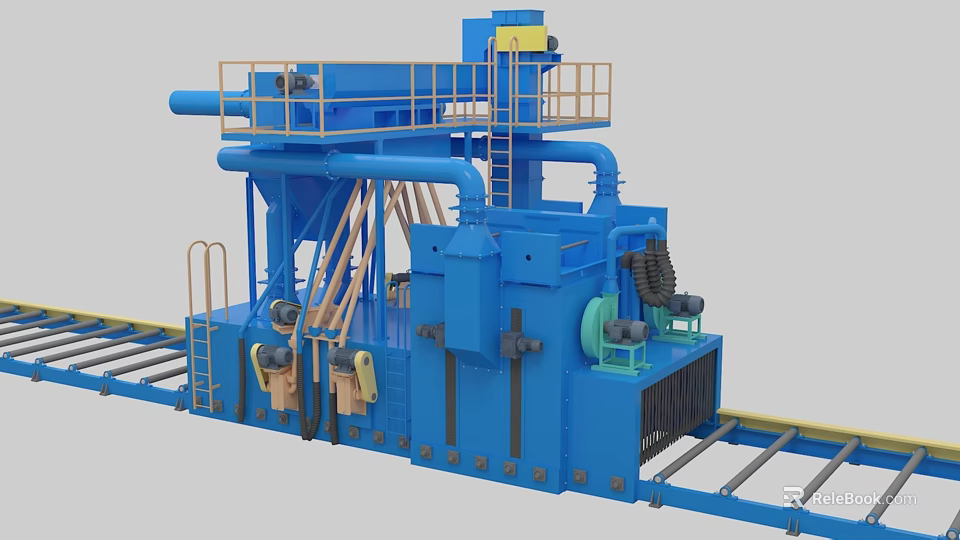 Blue Large Scale Industrial Equipment with Conveyor Belt Pipes and Platform Structure 3d model 