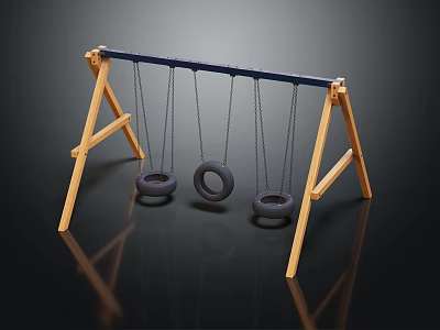 Outdoor Playground Swing Set With Wooden Frame And Three Tire Swings 3d model