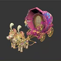 Pink Fairy Tale Carriage Pulled by Two Unicorns With Blue Decorations Lanterns and Red Seat