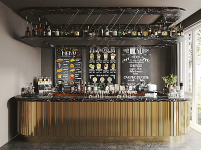 Modern Bar Interior With Golden Counter Marble Top Liquor Shelves And Menu Boards 3d model