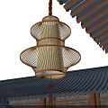 Traditional Chinese Lantern With Handwoven Bamboo Frame Illuminated Hanging Over Tile Roof