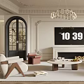 Elegant Living Room Interior With Ornate Chandelier TV Fireplace Beige Sofa Coffee Table And Rug