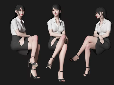 Women In White Shirts And Black Skirts With High Heels In Different Sitting Poses 3d model
