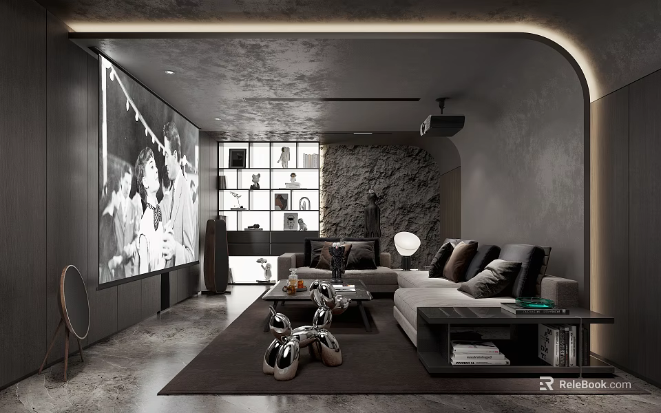 Modern Home Theater Interior Design With Large Screen Comfortable Sofa And Textured Wall 3d model 