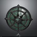 Decorative Fantasy Shield With Round Metallic Frame Green Gem Center And Star Shaped Decorations