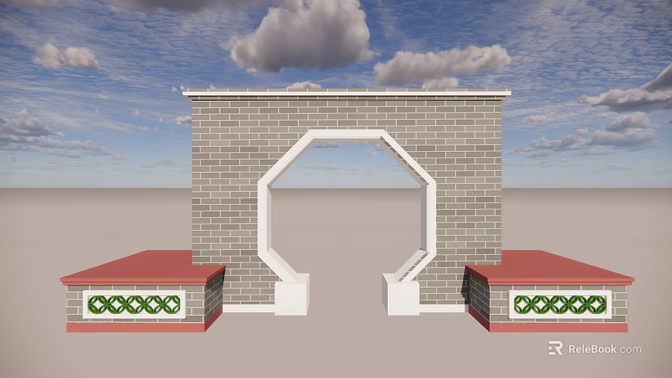 Brick Garden Wall With Octagonal Archway Red Base And Green Patterned Decoration 3d model 