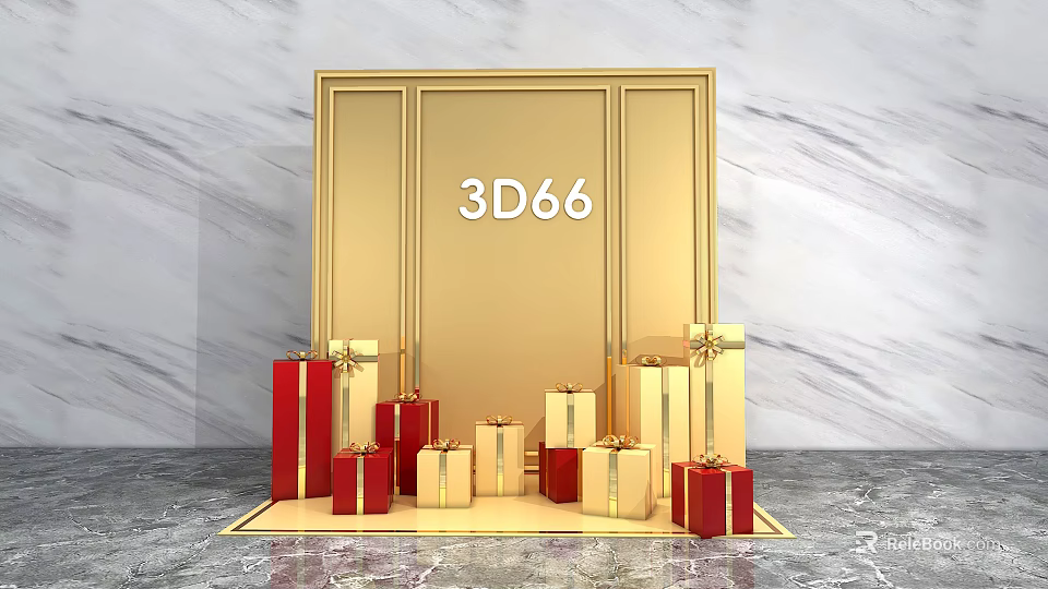 Popular Check in Photo Spot with 3D66 Sign Golden Frame and Red Gold Gift Boxes 3d model 