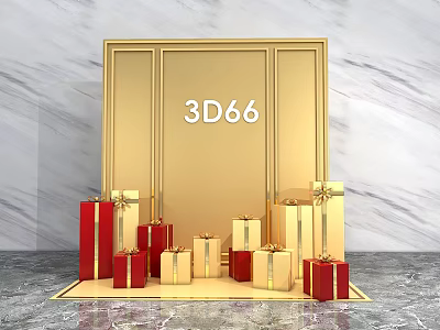 Popular Check in Photo Spot with 3D66 Sign Golden Frame and Red Gold Gift Boxes 3d model