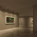 Modern Art Gallery Space With Framed Paintings Standing Person And Marble Floor