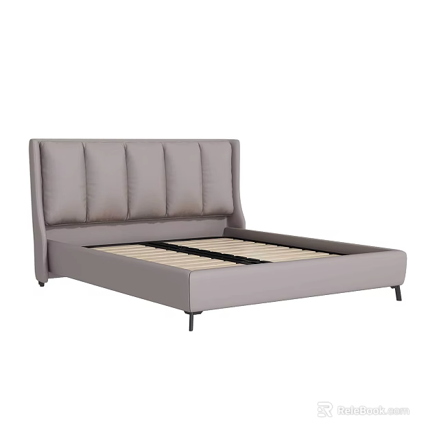 Modern Light Gray Double Bed With Upholstered Headboard And Support Slats 3d model 
