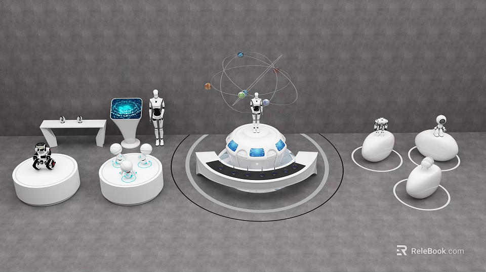 Smart Machines With Circular Platforms Orbital Structures And Digital Screens 3d model