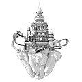 Cartoon Scene Featuring Colorful Castle With Spires And Twisting Roller Coaster Tracks On Rocky Platform