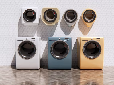 Different Colored Washing Machines in Small and Large Sizes on White Wall and Wooden Floor 3d model