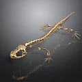 Metallic Detailed Golden Lizard Skeleton on Dark Background with Reflection