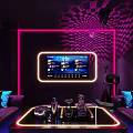 KTV Neon Lit Luxury Interior With Comfortable Sofa Seating And Lounge Area