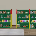 Kids Room Green Red Bookshelf With Colorful Books Teddy Bear And Toy Cars