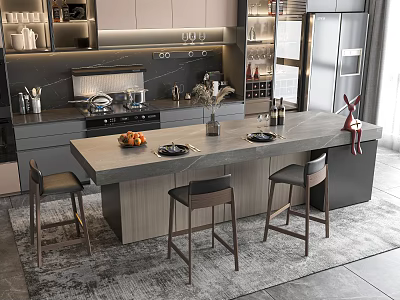 Modern Kitchen Bar Counter With Marble Top And Wooden Stools Decor 3d model