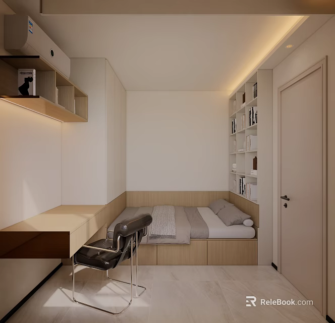 Modern Tatami Bedroom Interior Design With Built in Desk And Bookshelves 3d model 