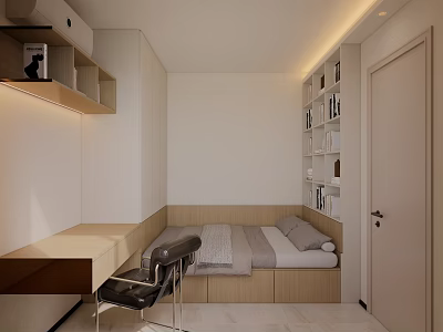 Modern Tatami Bedroom Interior Design With Built in Desk And Bookshelves 3d model