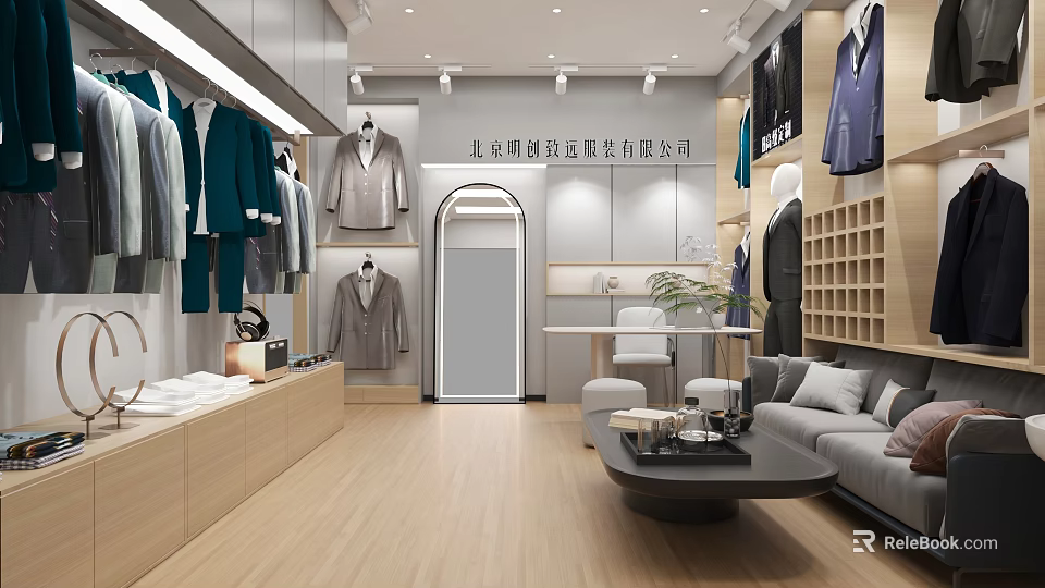 Modern Elegant Clothing Store With Suits Coats Display Racks Wooden Flooring Sofa Coffee Table 3d model 
