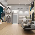 Modern Elegant Clothing Store With Suits Coats Display Racks Wooden Flooring Sofa Coffee Table