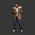 A Man Wearing Brown Hooded Coat White Shirt Blue Jeans White Shoes On Gray Background