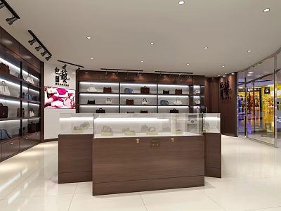 Modern Retail Store Interior With Display Cases Shelves And Wooden Counter 3d model