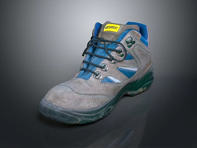 Gray And Blue Safety Shoes With Green Sole And Yellow Label Design 3d model