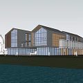 Modern Public Building With White Exterior Wooden Roof Glass Windows Green Lawn And People