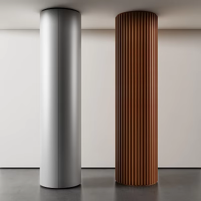 Modern Interior Featuring Silver And Brown Textured Columns Against White Walls And Gray Floor 3d model