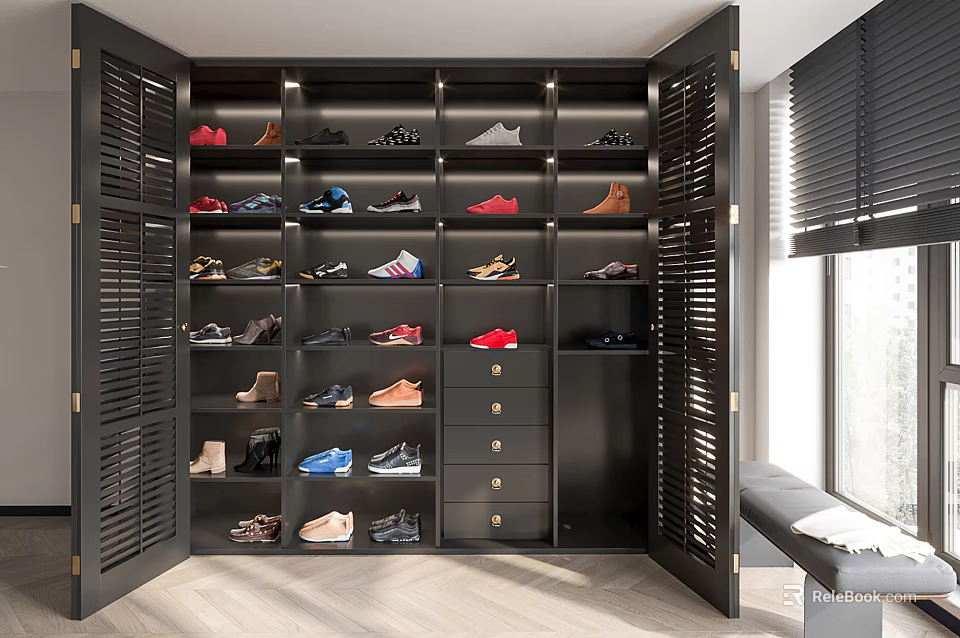 Spacious Open Design Shoe Cabinet With Multiple Shelves And Various Shoes Storage 3d model 