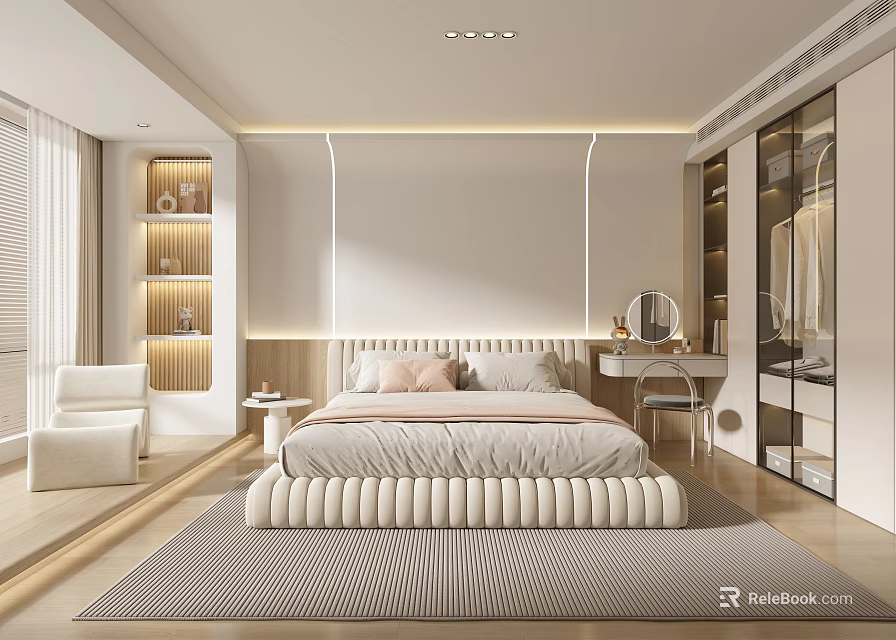 Modern Minimalist Bedroom Interior With Soft Bed Gray Striped Rug And Dressing Table Mirror 3d model 