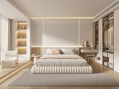 Modern Minimalist Bedroom Interior With Soft Bed Gray Striped Rug And Dressing Table Mirror 3d model