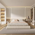 Modern Minimalist Bedroom Interior With Soft Bed Gray Striped Rug And Dressing Table Mirror