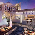 Garden Landscape on Rooftop Terrace with Bamboo Railings Thatched Roof Lanterns and City Night Lights