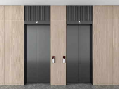 Modern Elevator Doors With Wooden Panel Walls And Number 6 Buttons 3d model