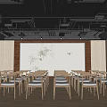 Cultural Center Interior With Wooden Tables Chairs Neatly Arranged Front Screen Bamboo Bird Patterns