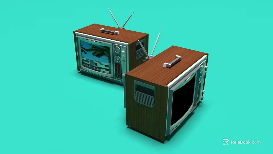 Vintage Televisions With Wooden Cases And Antennas Against Turquoise Background 3d model 
