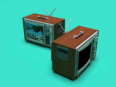 Vintage Televisions With Wooden Cases And Antennas Against Turquoise Background 3d model