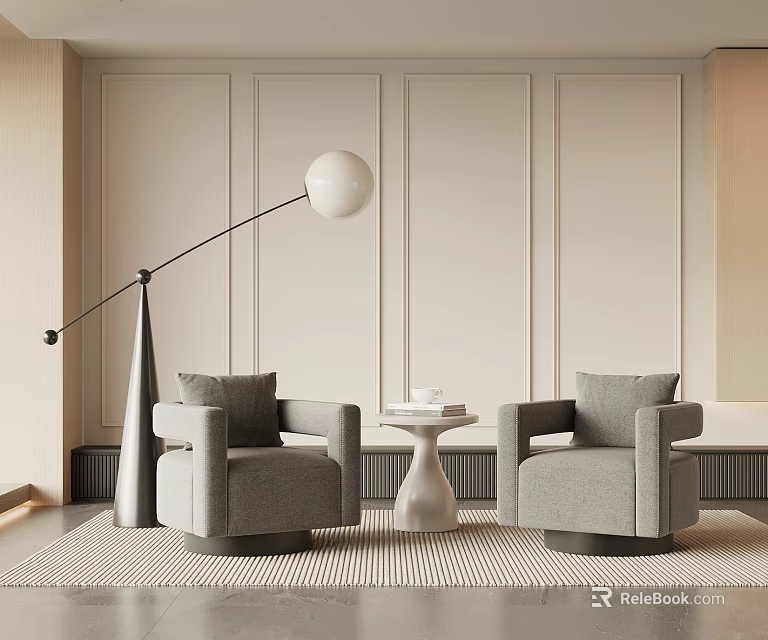 Casual Sofa Set with Two Gray Armchairs Small Table Floor Lamp and Light Paneled Wall 3d model