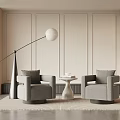 Casual Sofa Set with Two Gray Armchairs Small Table Floor Lamp and Light Paneled Wall 3d model