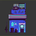 Cartoon Style Blue And Purple Multi Level Building Scene With Windows Signage And Platform