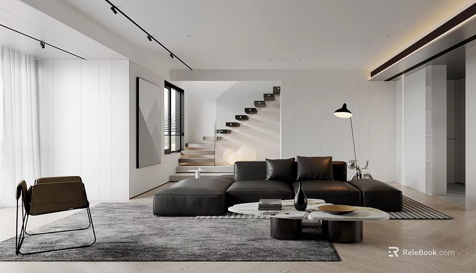 Modern Living Room Interior With Black Sofa Round Coffee Table Gray Rug And Floor Lamp 3d model 