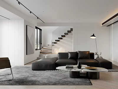 Modern Living Room Interior With Black Sofa Round Coffee Table Gray Rug And Floor Lamp 3d model