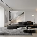 Modern Living Room Interior With Black Sofa Round Coffee Table Gray Rug And Floor Lamp